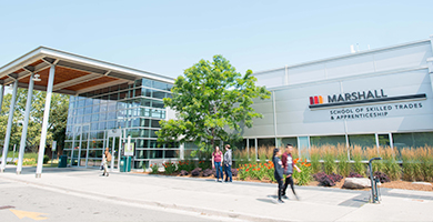 Students walking by the Mohawk College Stoney Creek Campus entrance